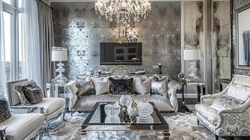 Silver Wallpaper and Crystal Chandelier A Luxurious Living Room Emanating Elegance and High-end Design photo