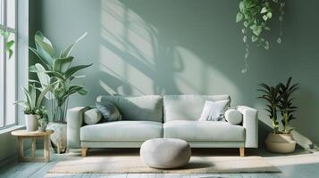 Serene Minimalist Living Room with Sage Hue Sofa and Thriving Green Plants photo