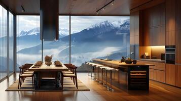 espacioso moderno cocina ofrecimiento panorámico suizo Alpes puntos de vista y atractivo isla mesa para social hora de comer reuniones foto