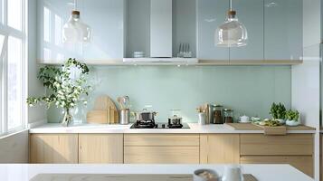 Scandinavian Kitchen Design with Birch Wood Components and Icy Mint Hues for Contemporary Meal photo