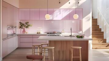 Scandinavian-Inspired Kitchen with Pink Cabinets and Douglas Fir Wood Accents photo