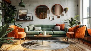 sabio verde sofá y naranja Sillón en un moderno, acogedor vivo habitación con industrial acentos y próspero verdor foto