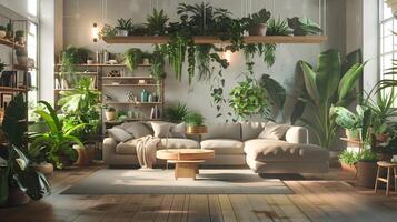 Scandinavian Living Room Elegantly Merges Urban Jungle Theme with Houseplants and Industrial Shelving Units photo