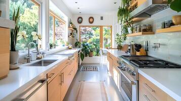de inspiración escandinava cocina con ligero madera y blanco cuarzo un moderno y acogedor espacio lleno con plantas y natural ligero foto