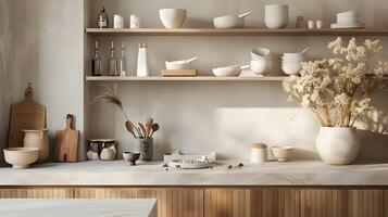 escandinavo cocina diseño con sostenible bambú elementos y minimalista madera armarios foto