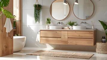 Scandinavian-style Bathroom with Wooden Double Vanity and Greenery in Soft Lighting photo
