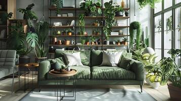 Scandinavian Living Room Incorporates Lush Green Urban Jungle Theme photo