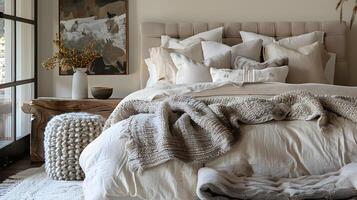 Cozy and Inviting Bedroom Sanctuary with Textured Linens and Rustic Accents photo