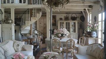 Charming Vintage Farmhouse Interior with Elegant Floral Accents and Cozy Furnishings photo