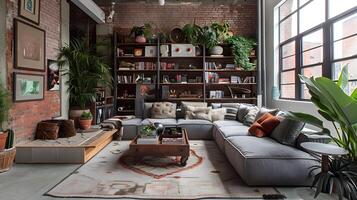 Scandinavian-inspired Living Room Exuding Urban Jungle Charm with Industrial Design Elements photo