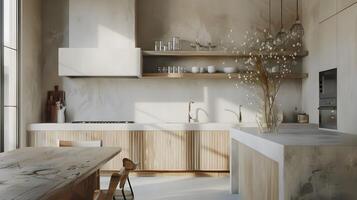 escandinavo estilo cocina con regenerado madera y pulido hormigón encimeras en armonioso modernista culinario espacio foto