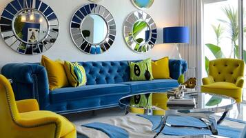 Sapphire Blue Sofa and Chartreuse Armchair - A Contemporary Living Room Oasis photo