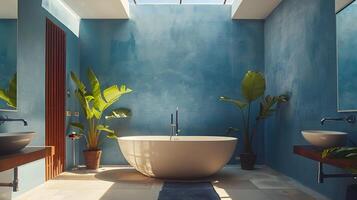 radiante tragaluz baño un moderno santuario presentando un redondo de pie tina y azul acento pared foto