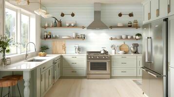 Scandinavian-Inspired Green Farmhouse Kitchen with Marble Island and Warm Wood Accents photo