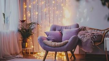 Purple Armchair Basking in Fairy Lights and Pastel Hues A Serene Haven photo