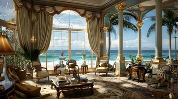 Opulent Living Room with Ocean View A Grand Beachfront Salon Digitally Illustrated photo