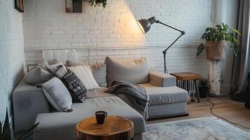 Scandinavian-Inspired Minimalist Living Room with Cozy Grey Sofa and White Brick Wall photo