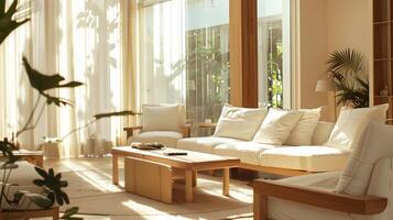 rejuvenecedor refugio sostenible de madera mueble toma el sol en brillante vivo habitación con plantas y suave oscuridad foto