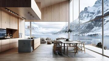 Scandinavian-Style Kitchen Overlooking Tranquil Norwegian Fjords and Snow-Capped Peaks photo