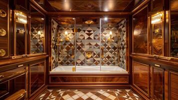 Opulent Mahogany Bathroom with Geometric Mosaic and Luxurious Steam Room photo