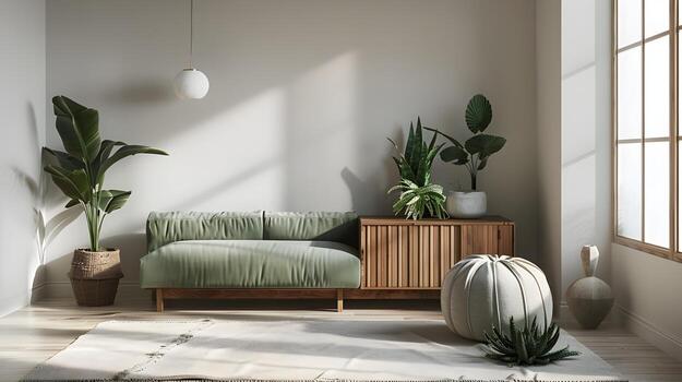 Relax in This Minimalist Living Room with a Green Sofa and Natural Elements in a Scandinavian Design photo