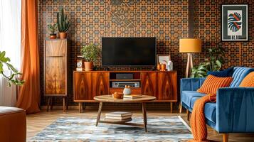 Retro Living Room Oasis Mesmerizing Patterned Wallpaper and Vintage Furniture Complemented by Lush Greenery photo