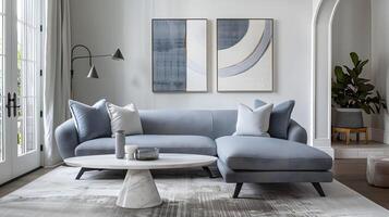 elegante vivo habitación con ligero azul sofá y gris esquina sofá en moderno contemporáneo ajuste foto