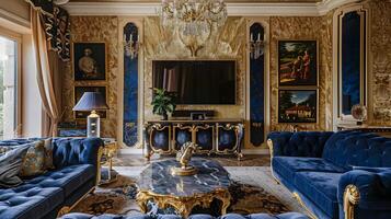 Ornate Baroque Living Room Exudes Elegance and Luxury with Royal Blue Velvet Sofa and Marble Inlaid Entertainment Wall photo