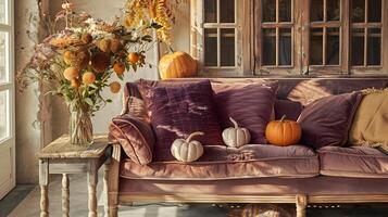 púrpura terciopelo sofá exudando otoño encanto con cosecha almohadas y rústico decoración foto