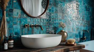 Radiant Bathroom with Vibrant Blue Tiles and Rustic Wooden Accents photo