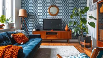 Retro Living Room with Mid-century Modern Patterns, Blue and White Wallpaper, and Cozy Atmosphere photo