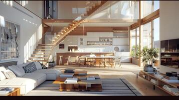 Sunlit Open-plan Living Space with Modern Scandinavian Design and Floating Timber Staircase photo