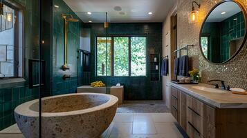 Teal Tiled Bathroom with Stone Accents and Nature-Inspired Design Elements photo