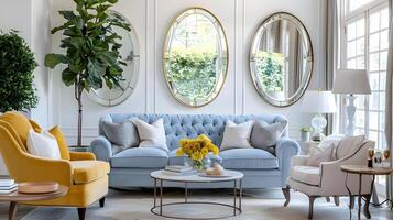 Periwinkle Sofa and Gold Accents in Elegant Contemporary Living Room with Oval Mirrors and Fresh Flowers photo