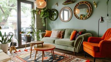 Cozy Living Room with Olive Green Sofa and Vintage Mirrors - A Warm and Inviting Space for Relaxation and Socializing photo