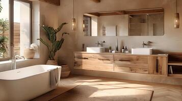 Rustic Elegance in a Sunlit Bathroom with Natural Wood and Modern Design photo