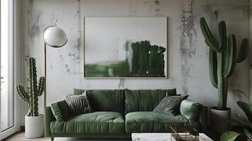 Refined Green Velvet Sofa Adorns Modern Loft Apartment with Abstract Painting and Cacti photo