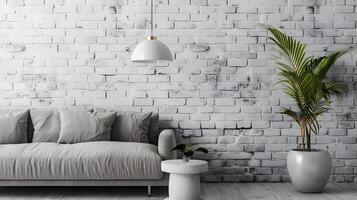 Nordic Living Room Minimalist White Brick Wall, Plush Grey Sofa, and Curvilinear Light photo