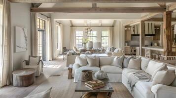 Rustic Farmhouse Living Room Spacious and Luminous Great Room with Wood Beams and Neutral Color Palette photo