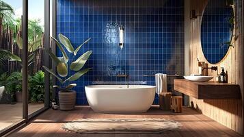 espacioso baño oasis presentando negrita cobalto loseta pared y Respetuoso del medio ambiente mango madera accesorios foto