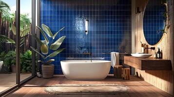 Spacious Bathroom Oasis Featuring Bold Cobalt Tile Wall and Eco-Friendly Mango Wood Accessories photo