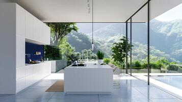 Stylish Minimalist Kitchen with Lapis Lazuli Island and Expansive Green Mountain View photo