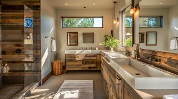 rústico baño vanidad con regenerado madera acentos y doble lavabo en suave natural ligero foto