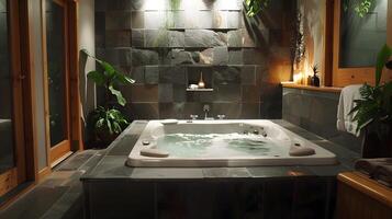 Serene Spa-Inspired Bathroom with Revitalizing Hot Tub and Natural Greenery in British Columbia, Canada photo