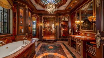 Ornate Stained Glass Bathroom Adorned with Rich Reds and Gold Accents photo