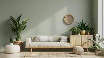 Sage Green Living Room with Wooden Sofa and Thriving Plants A Minimalist Sanctuary photo