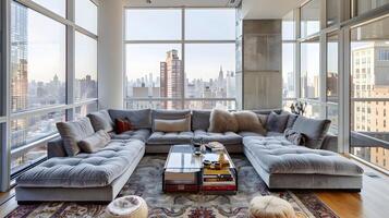 Stylish Glass-Enclosed Lounge in a High-Rise Apartment with Grey Velvet Modular Sofa and Captivating Cityscape View photo