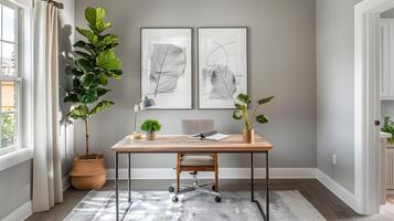 Modern Elegance Meets Industrial Charm in This Home Office with Monochromatic Art and Upright Fiddle Leaf Fig photo