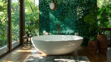 Serene Luxury Freestanding Tub Set against Verdant Emerald Mosaic Wall and Forest View photo