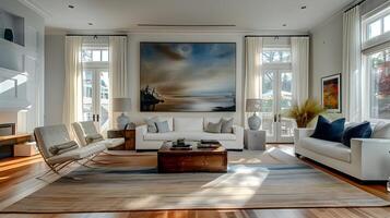 Modern Coastal Living Room with Large Painting and Serene Atmosphere photo